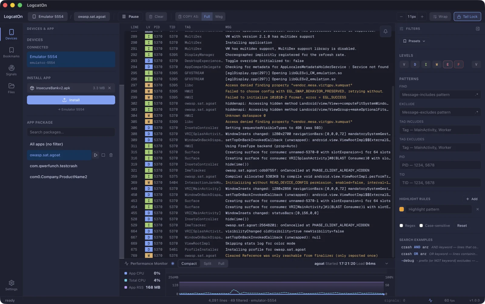 LogcatOn — filtering logs down to a single app