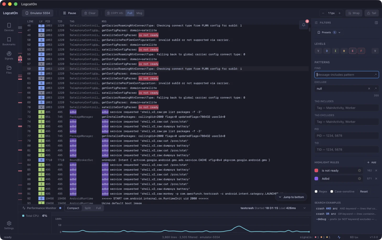 LogcatOn — search and filter panel