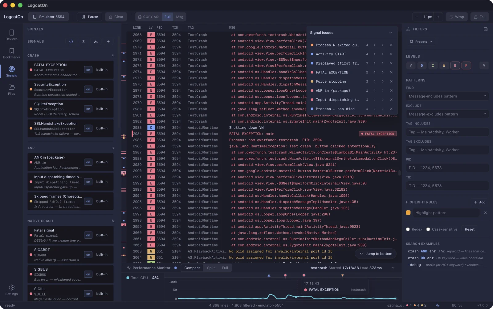 LogcatOn — crash and error signals on the minimap